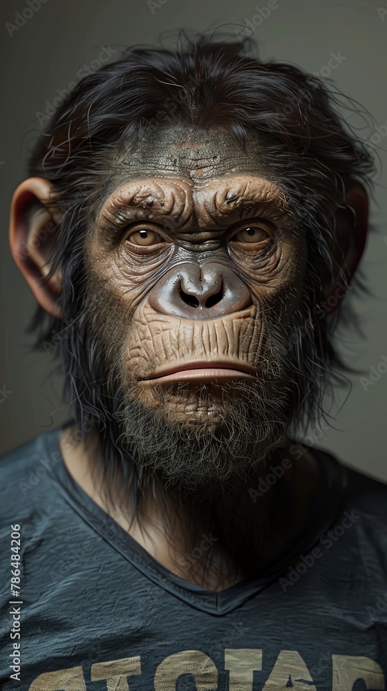 Craft a photorealistic portrait of a man-monkey hybrid with human eyes, long tusks, and wavy brown hair Include intricate details like monkey features and haute couture tshirt Create a contemplative m