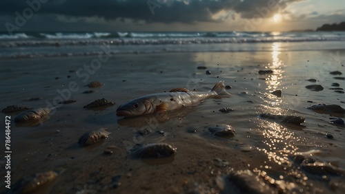 Marine animals lie dead on the beach due to... The problem of human waste and pollution