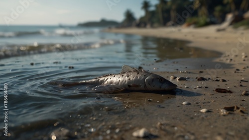 Marine animals lie dead on the beach due to... The problem of human waste and pollution