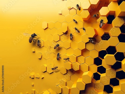 Honey bees flying around a yellow hexagonal background.