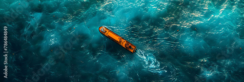 overhead view of innovative ocean cleanup technologies, science and technology in action, realistic photography, copy space #786484849