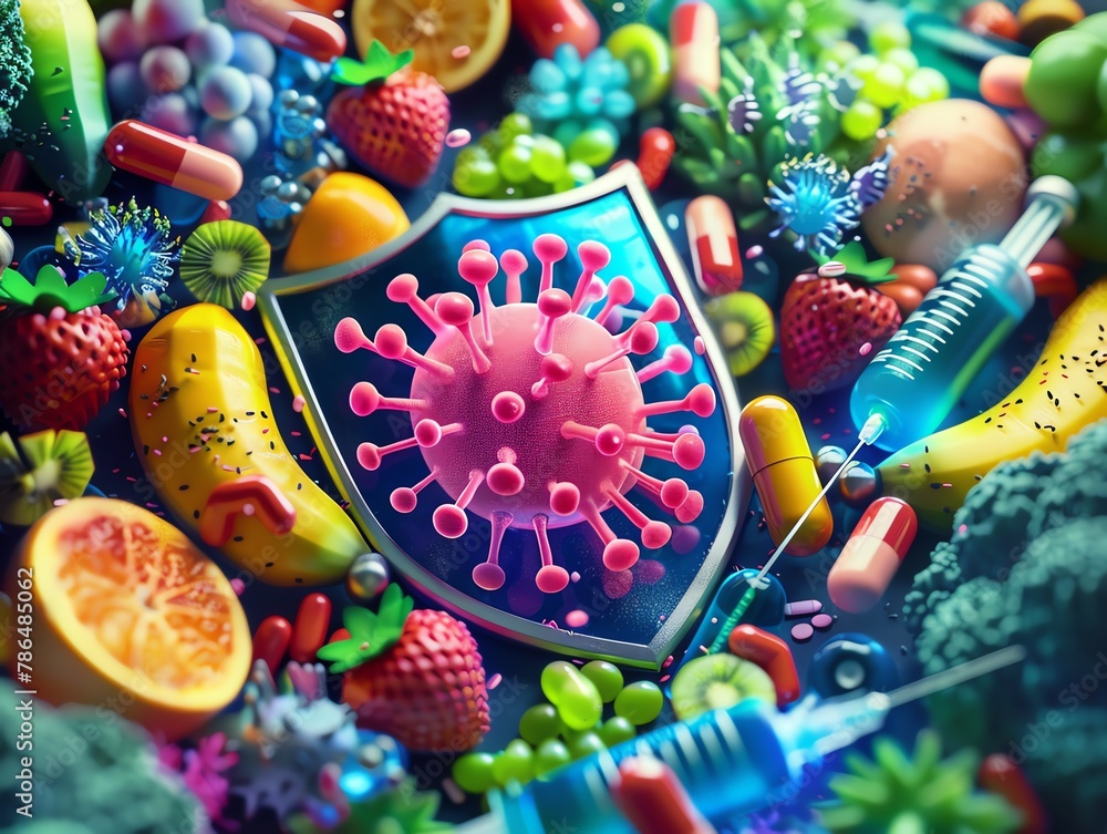 Create a digital rendering of a robust shield, deflecting germs, set against a backdrop of vivid fruits, vegetables, and syringes filled with vibrant vitamins and vaccines