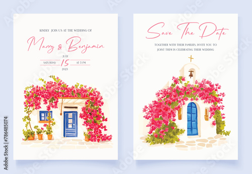 Wedding invitation with hand drawn watercolor spring pink bougainvillea flower background