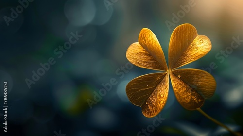 A golden four leaf clover is shown in the sunlight. photo