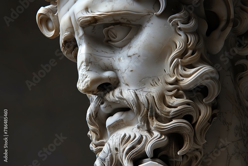 Create a striking image by juxtaposing the face of a Greek sculpture with elements of caravaggism Render the statues face in marble, reflecting the style of Bernini Focus on intricate details and dram