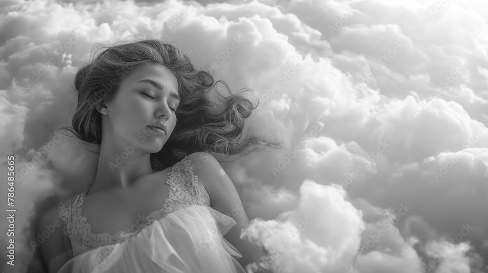Hübsche Frau liegt schlafend in Wolken in schwarz weiß Hübsche Frau liegt schlafend in Wolken in schwarz weiß