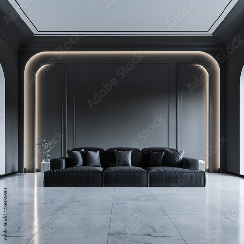  large living room. A chic room with a huge lounge hall Black couch and white empty walls. Mockup design interior home or reception foyer. 3d
