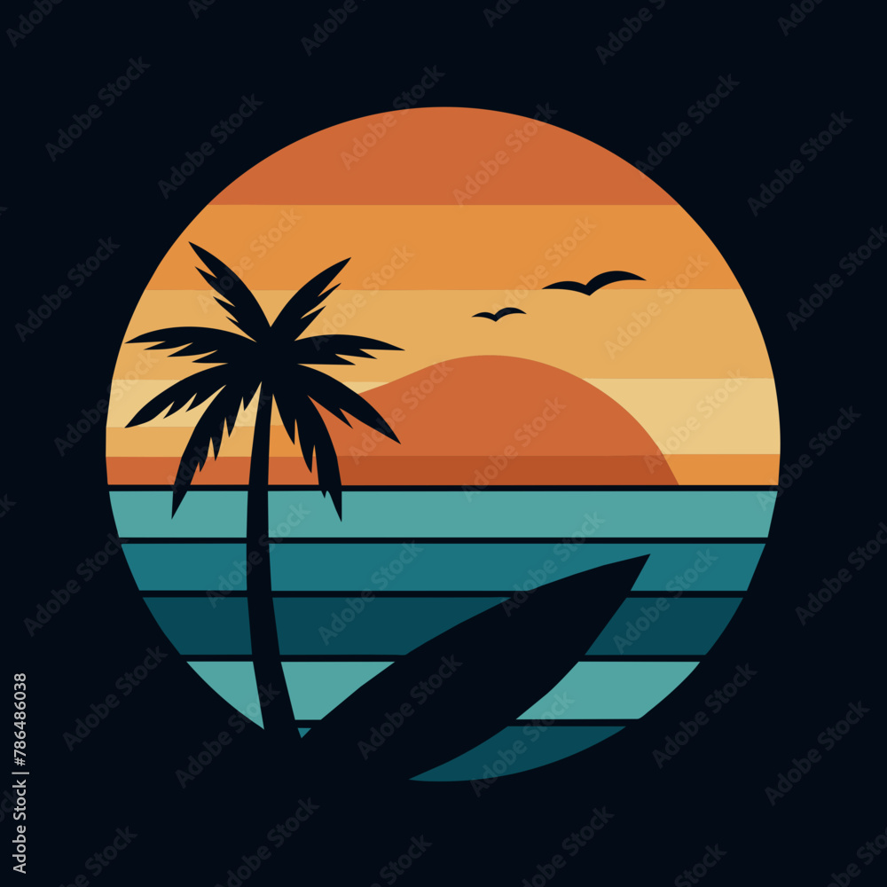 Surfing Sunset Vector Illustration - T-Shirt Design, Clipart, SVG Files