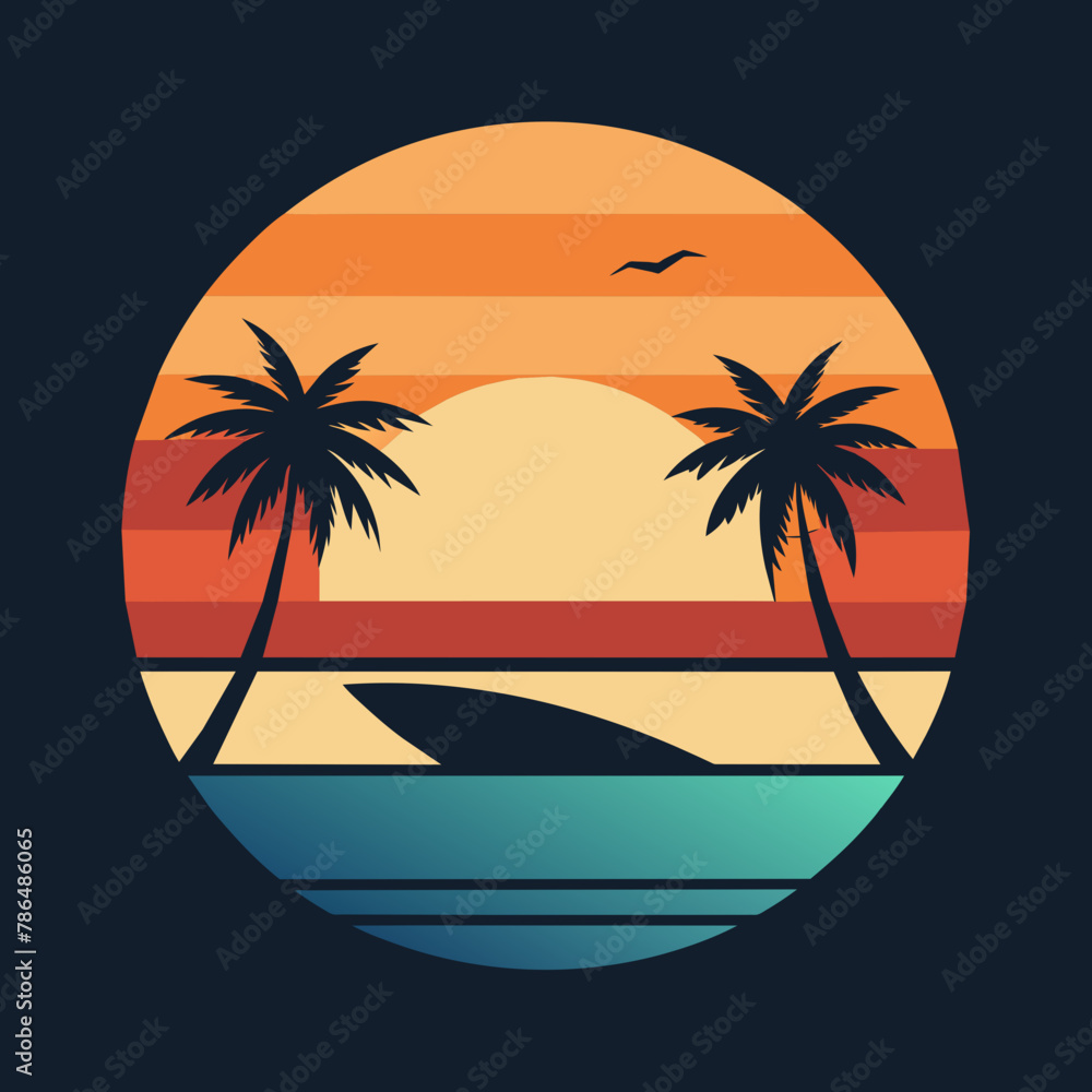 Surfing Sunset Vector Illustration - T-Shirt Design, Clipart, SVG Files