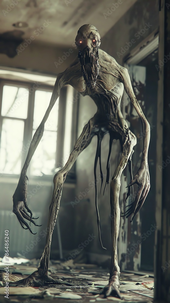 Digital Rendering Techniques, Create a haunting high-angle shot of a tall, thin, pale creature with a shattered jaw in a found footage style The creature lurks in a dark, abandoned, broken-down house,