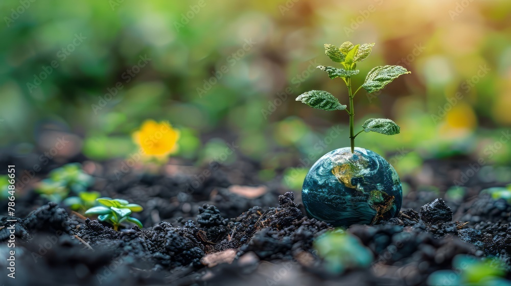 A small plant is growing in the dirt next to a yellow flower A small plant is growing in the dirt next to a yellow flower