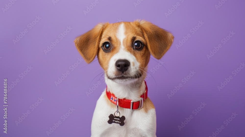 A brown and white mixed breed dog with floppy ears wearing a red collar , the tag is shaped like two bones. The background color should be purple. He has big eyes looking at the camera