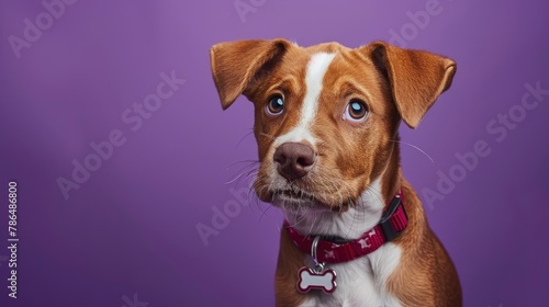 A brown and white mixed breed dog with floppy ears wearing a red collar , the tag is shaped like two bones. The background color should be purple. He has big eyes looking at the camera