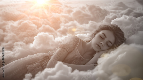 Hübsche Frau liegt schlafend in Wolken in schwarz weiß, ai generativ