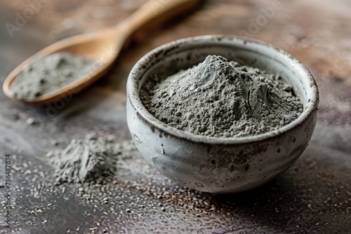 A bowl of gray magnesium powder with a wooden spoon on a rustic surface. photo