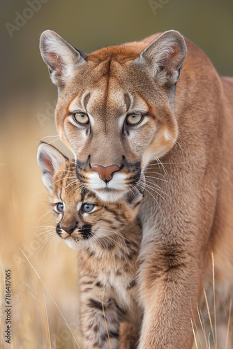 Puma e seus filhotes na natureza - Papel de parede