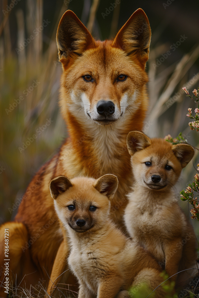 Dingo e seus filhotes na natureza - Papel de parede
