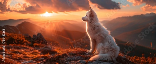 A white dog sitting on top of a mountain at sunset, with a beautiful landscape in the background. It is a high quality professional photography photo