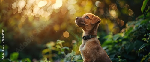 Cute brown puppy with collar sitting in a green garden, closeup portrait in the style of bokeh background, high resolution photography in the style of hyper realistic photography