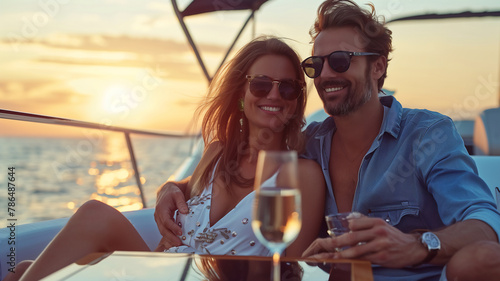 Young couple on private yacht watching sunset together with drink .
