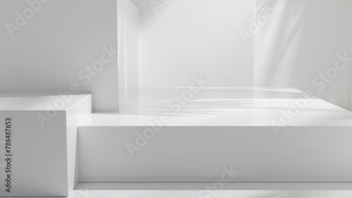 White abstract steps - empty placement display for products and design, bright clean white abstract podium background with sun light and soft shadows, white geometrical forms abstract copy space