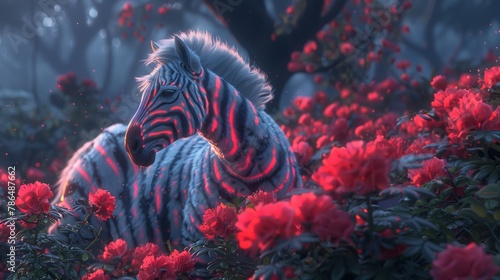   A zebra stands before a floral field, red flowers prevalent in the foreground, a tree in the backdrop photo