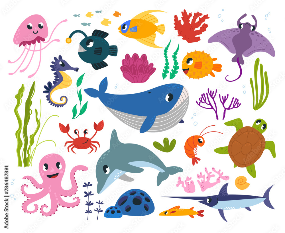 Ocean cute animals. Underwater life characters, marine plants and fish. Cartoon whale, shrimp and dolphin. Sea elements, classy vector collection