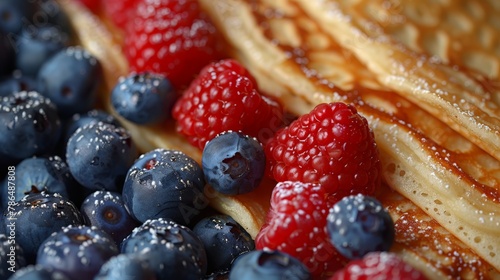   Blueberries, raspberries, and pancakes stacked, powdered sugar sprinkled above