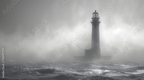  A monochrome image of a lighthouse standing solitarily amidst a vast expanse of water, surrounded by crashing waves