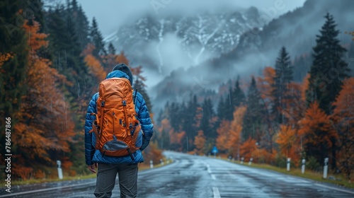  Person with backpack stands on forest road before mountain backdrop
