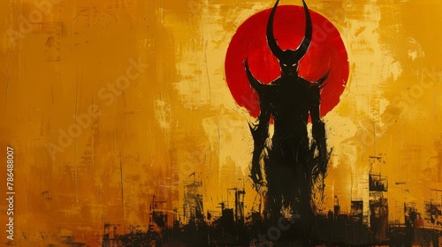   A demon depicted against a reddish backdrop featuring yellow hues, with a fiery red sun behind