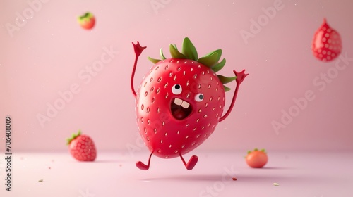 Strawberry cartoon character joyfully dancing against a soft pink backdrop photo