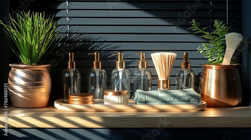  A wooden table, adorned with vases and bottles, each brimming with distinct soaps and lotions
