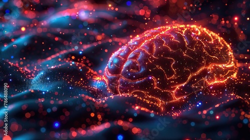 An illustration of a glowing brain with a blue background.