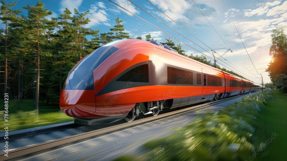 Fototapeta premium Train Travel with beautiful nature. train on the railway station. Traveling by train in the city. Eco-Friendly Public Transit