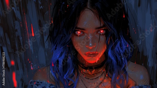  blue hair, red eyes, face bathed in scarlet light