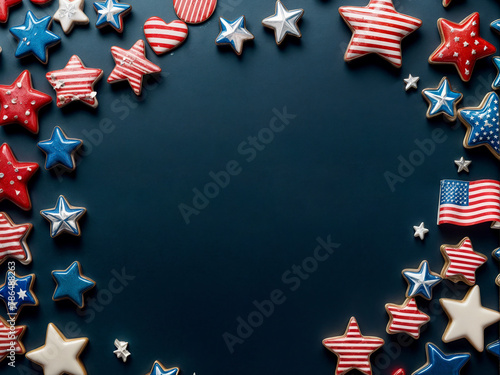 Amercian decorations isolated on blue background copy space banner. USA Independence day photo