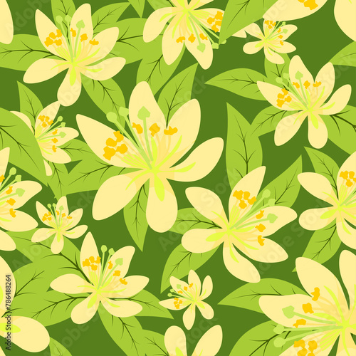 Avocado flowers and leaves seamless pattern