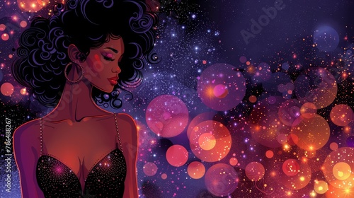  A woman in a black dress stands before a purple and red backdrop, featuring circles of light and scattered stars
