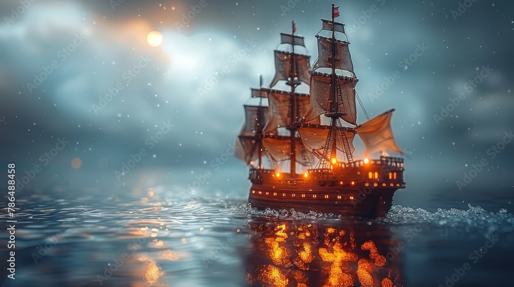 Obraz premium A pirate ship floats on a serene body of water beneath a full moon's glow