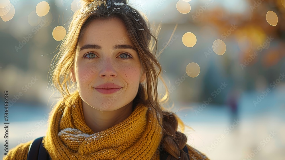 A person with a smiling face wears a scarf closely around her neck A person with a smiling face wears a scarf closely around her neck