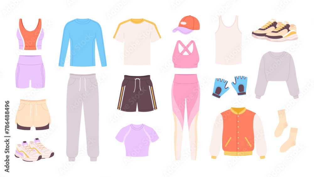 Sport outfit. Athletic wear and shoes for men and women. Unisex outdoor and home workout clothes, fashion training t-shirt, racy vector set Sport outfit. Athletic wear and shoes for men and women. Unisex outdoor and home workout clothes, fashion training t-shirt, racy vector set