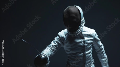 Male fencer, captured in a moment of readiness, wearing his protective mask and suit