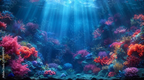  sunlight streams through water, illuminating corals on seabed