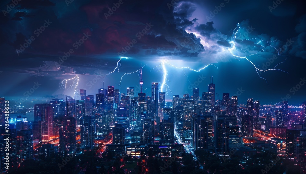 A city skyline is lit up with neon lights and the sky is filled with lightning by AI generated image