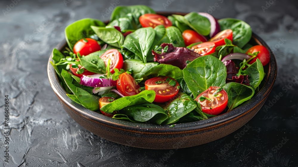   A tight shot of a filled bowl showcasing spinach, tomatoes, onions, and assorted vegetables