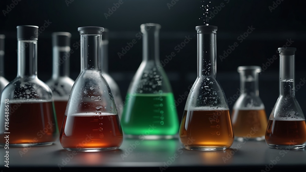 Laboratory Glassware and Equipment with Liquids for Science Experiments Laboratory Glassware and Equipment with Liquids for Science Experiments