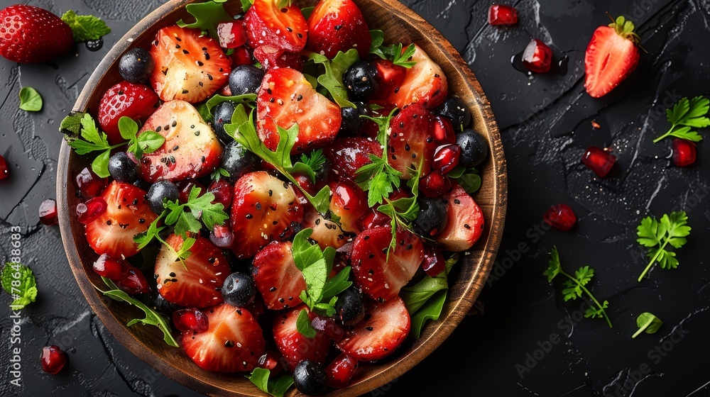 A bowl of strawberries, blueberries, raspberries, and more strawberries on a black tabletop A bowl of strawberries, blueberries, raspberries, and more strawberries on a black tabletop
