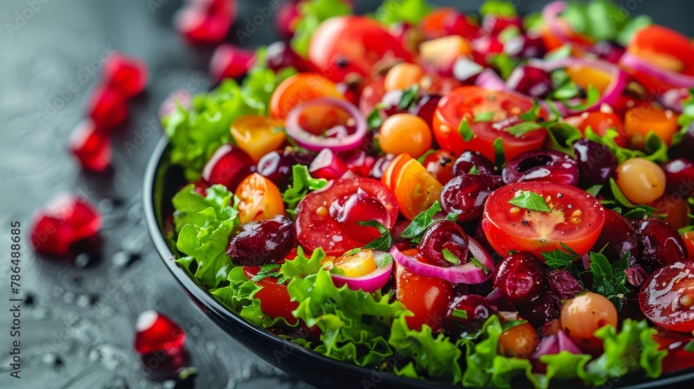 tomatoes, onions, lettuce, and cranberries arranged on a table tomatoes, onions, lettuce, and cranberries arranged on a table