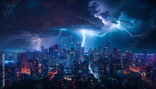 A city skyline is lit up with neon lights and the sky is filled with lightning by AI generated image © chartchai